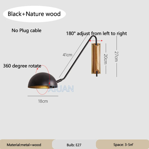 Nordic Bedroom Bedside Wall Lamps Plug In Wall Sconce Black White Iron Lampshade Swing Long Arms Wall Mounted Light E27 - vue 13 sur 14