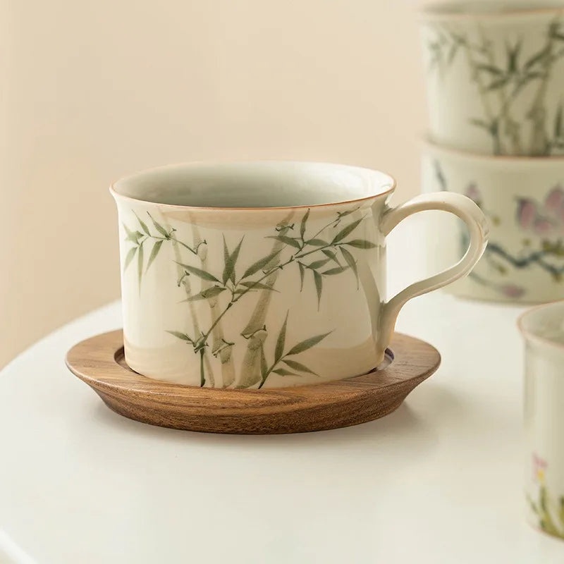 Mug en porcelaine style chinois fleuri avec cuillère - vue 2 sur 7