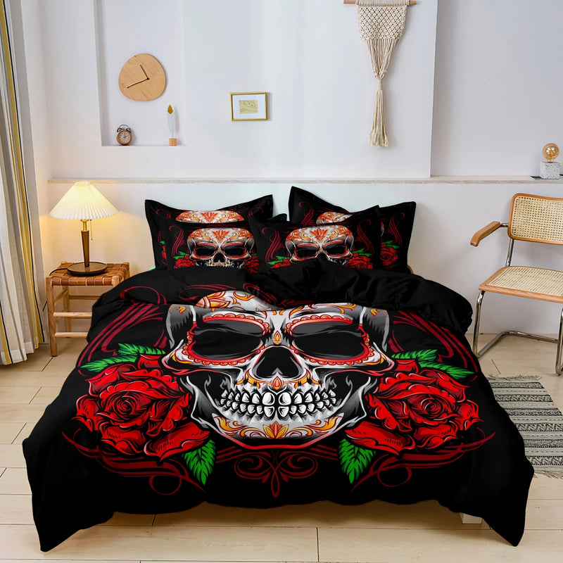 parure de lit florale et crânes de sucre mexicains