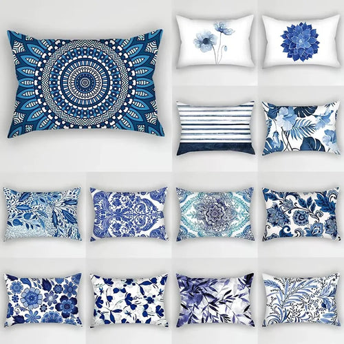 taie d'oreiller rectangulaire motif rayé fleurs bleues et feuilles - vue 3 sur 2