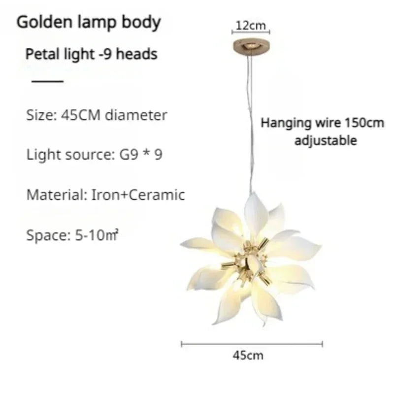 lustre moderne en céramique avec pétales de fleurs et lumière led