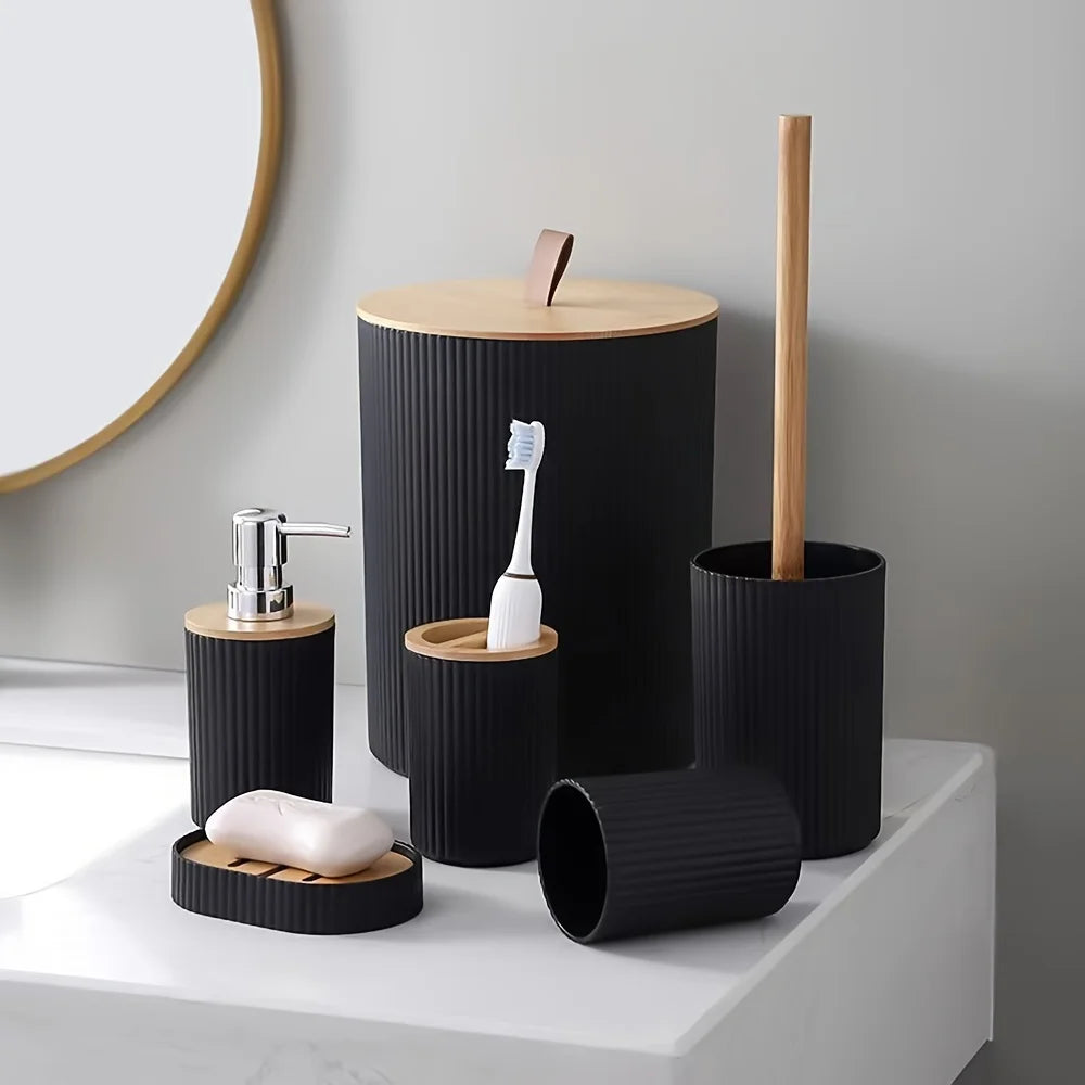 ensemble de rangement 6 pièces en plastique et bambou pour salle de bain - vue 6 sur 6