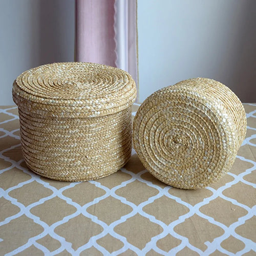 panier de rangement rond en paille tissée avec couvercle polyvalent - vue 2 sur 10