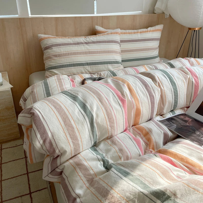 housse de couette rayée rose en coton pour chambre fille