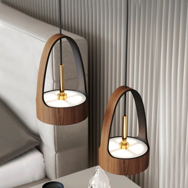 lustre moderne imitation grain de bois style nordique led suspension - vue 4 sur 8