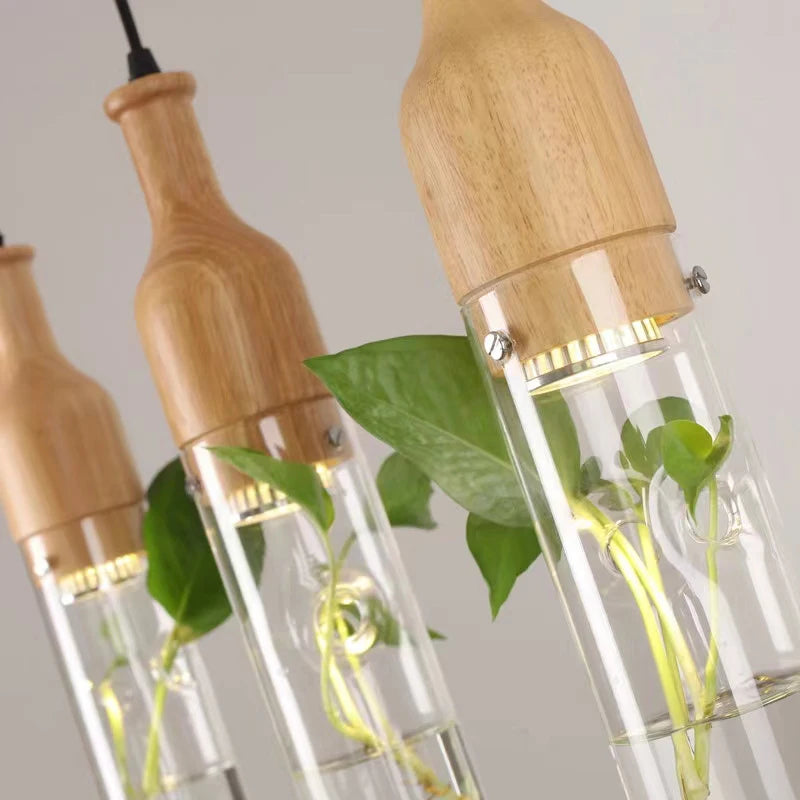 suspension led industrielle en bois et verre pour plantes