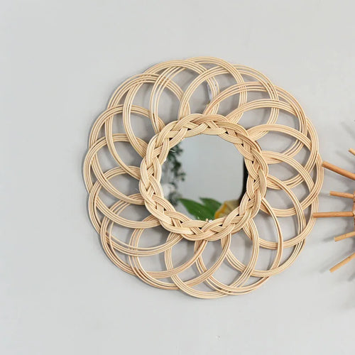 miroir décoratif rétro en rotin fait main pour décoration murale - vue 4 sur 6