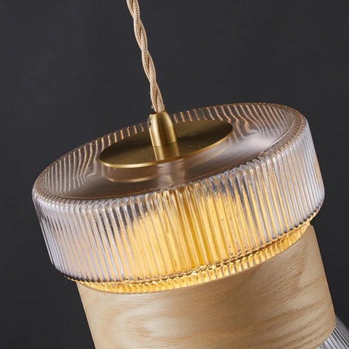 Suspension moderne en verre transparent avec détails en bois et cuivre - vue 5 sur 14