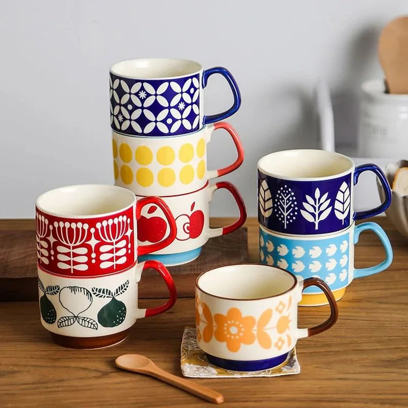 Ensemble tasses japonaises motif floral retro ceramique