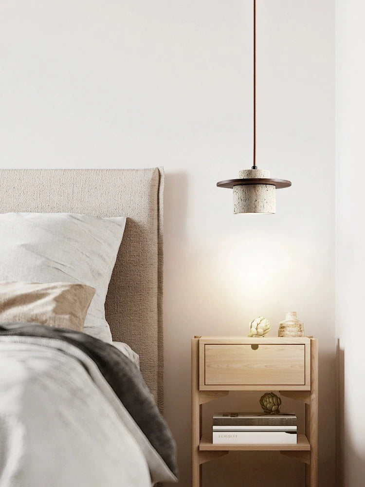 Suspension style japonais led vintage en pierre et bois - vue 5 sur 7