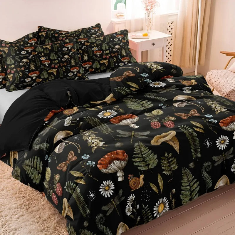 housse de couette trois pièces motif floral et champignons