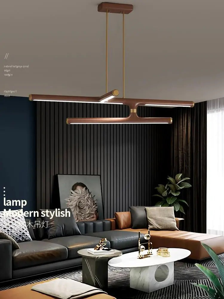 Éclairage de salon nordique créatif tout en cuivre lumière LED moderne de luxe Simple noyer noir en bois massif lustre de salle à manger