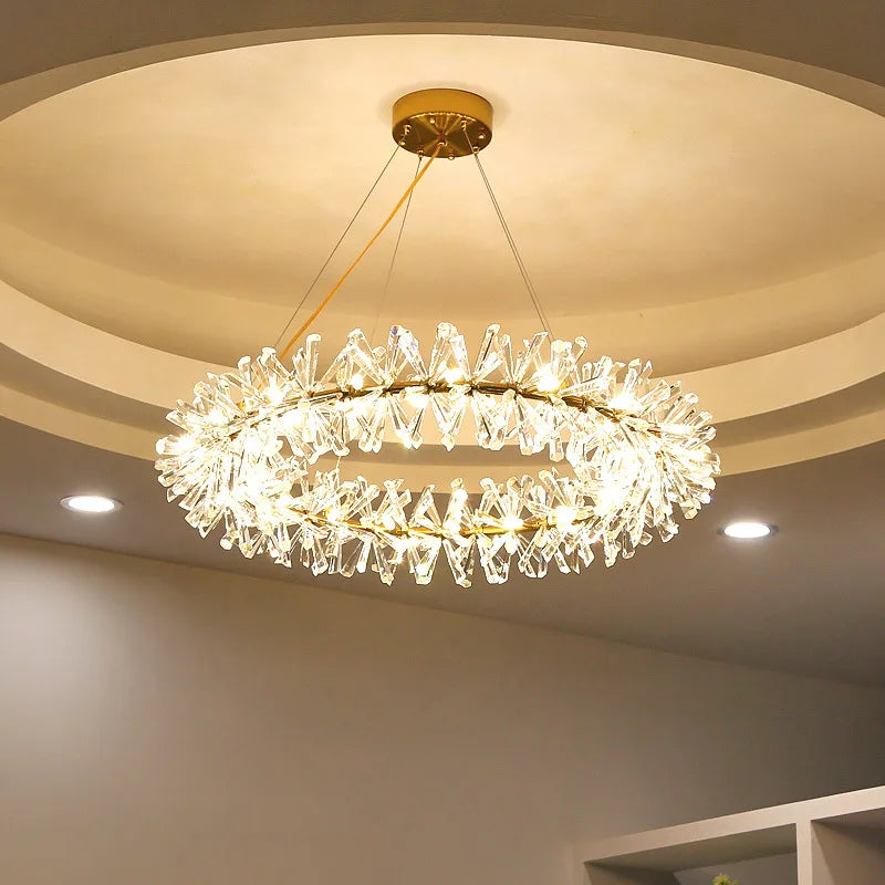 lustre led cristal clair rond avec fil métallique doré réglable