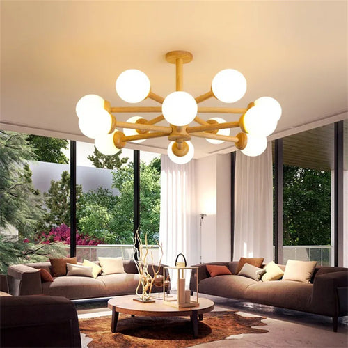lustre en bois japonais abat-jour en verre décoration intérieure - vue 2 sur 16