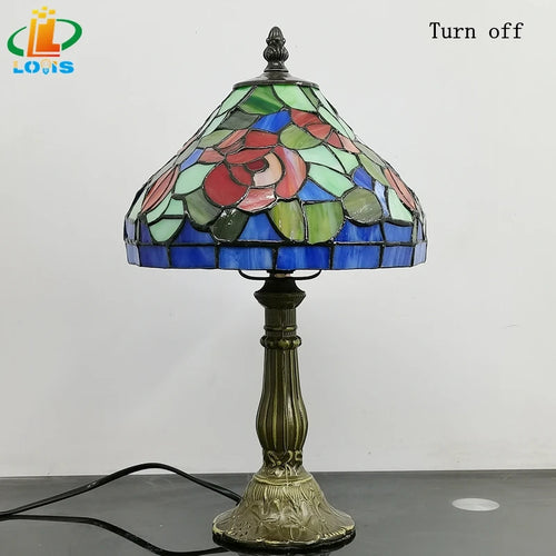 lampe de chevet style tiffany avec fleurs rouges émaillées antique - vue 6 sur 6