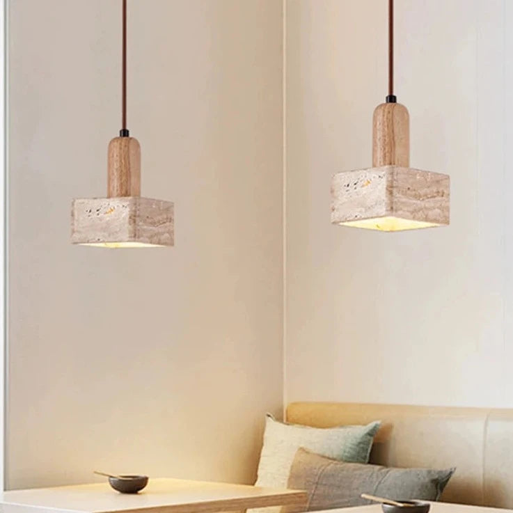 Lampe suspension LED carré en pierre lustre chambre chevet Style crème en bois massif rétro lumière E27 ampoule pour salon maison Bar