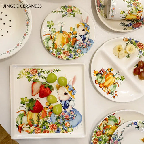 Assiette ceramique motif citrouille lapin style jardin