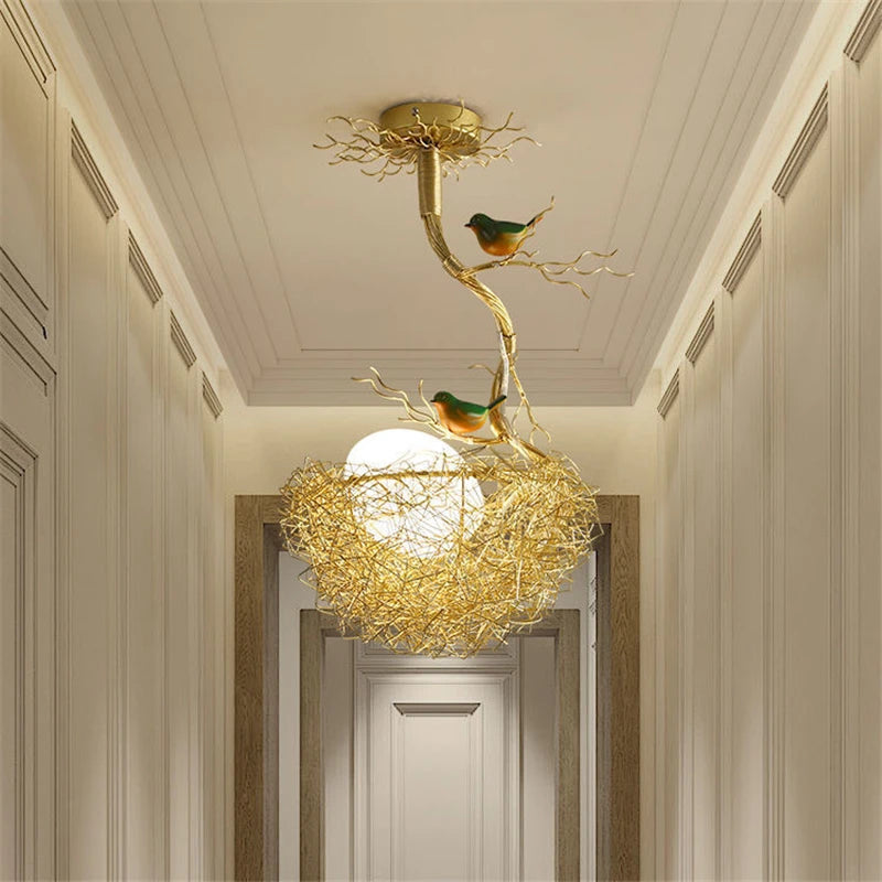 lustre moderne led en forme de nid d'oiseau en verre
