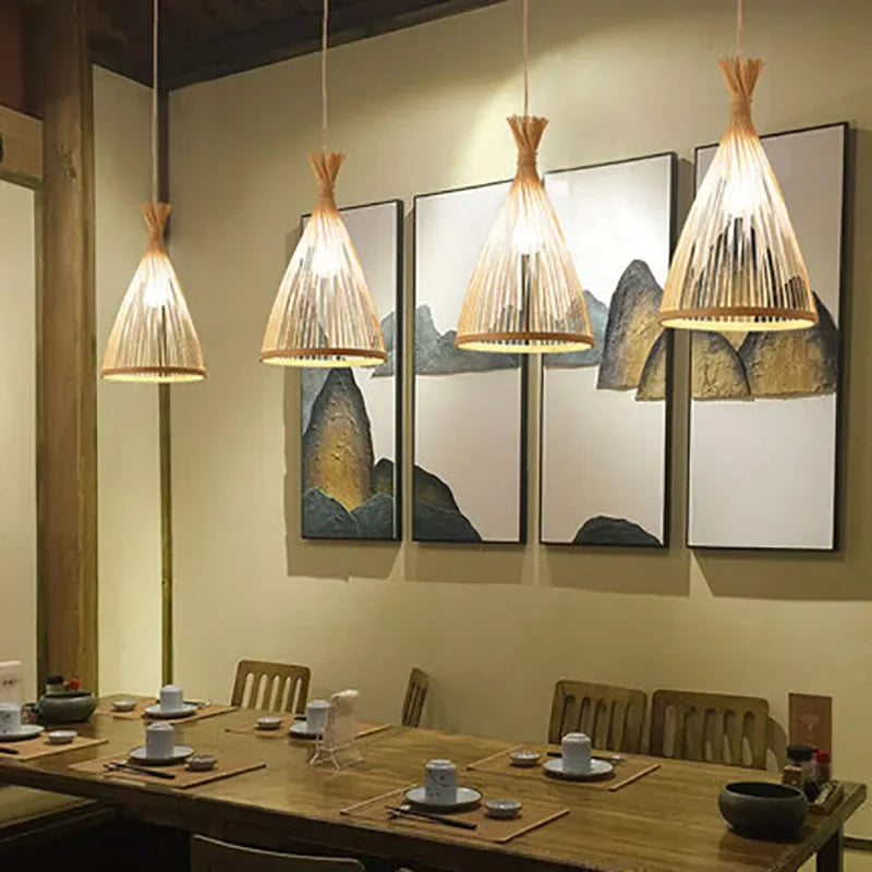 Suspension vintage faite à la main en bambou Restaurant Café Lustres Base en bois Ampoule Éclairage Hôtel Chambre Intérieur Classique
