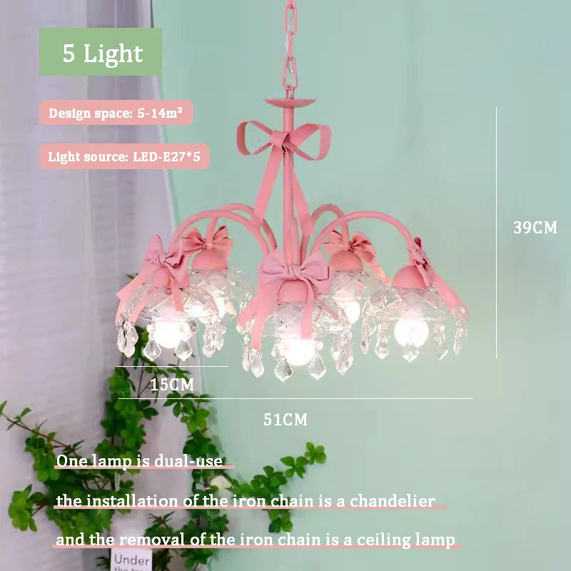 lustre mignon pour chambre de petite fille avec nœud rose en cristal - vue 9 sur 9