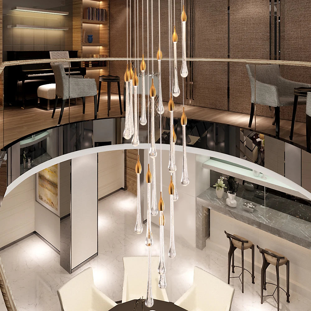 lustre led moderne en cristal pour grand escalier