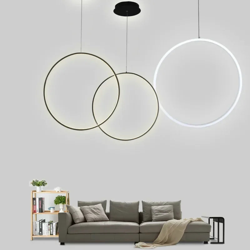 Suspension LED minimalistes lumière anneau rond cercle lustre maison pour salon éclairage intérieur lustre noir luminaires - vue 6 sur 11