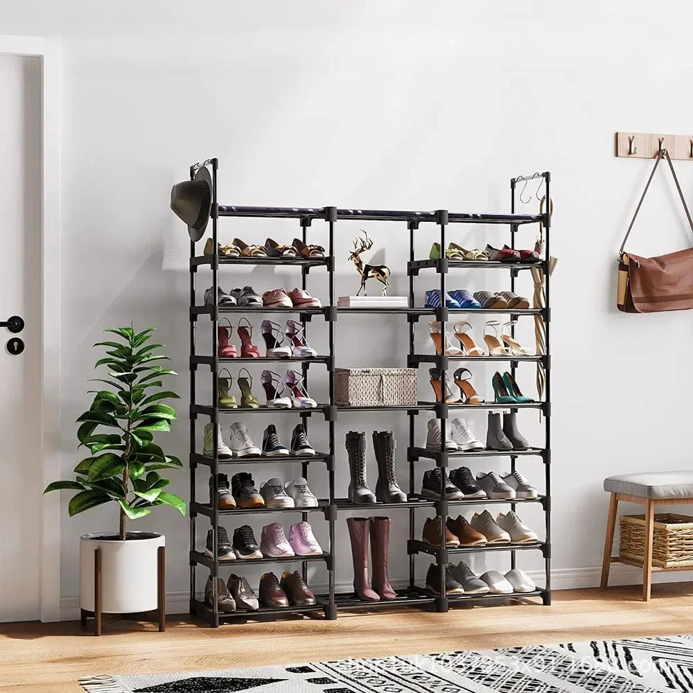 etagère à chaussures en métal grande capacité avec crochets et rangement - vue 4 sur 9