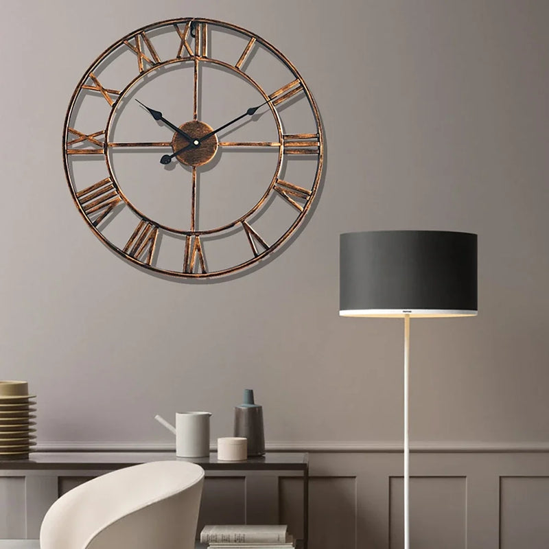 horloge murale rétro en métal creux style 3D avec chiffres romains