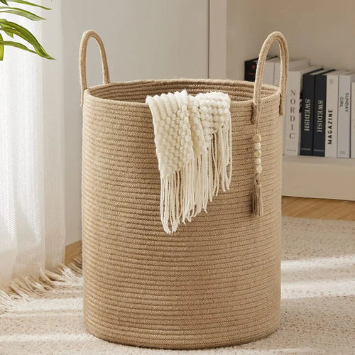 grand panier de rangement tissé avec poignées en coton pliable - vue 3 sur 9