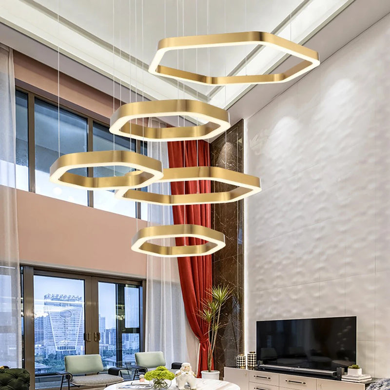 Hexagone Design Led Lustre Moderne De Luxe En Acier Inoxydable Lampe Salon Suspension Luminaire Décor À La Maison Escalier Plafond Lustre