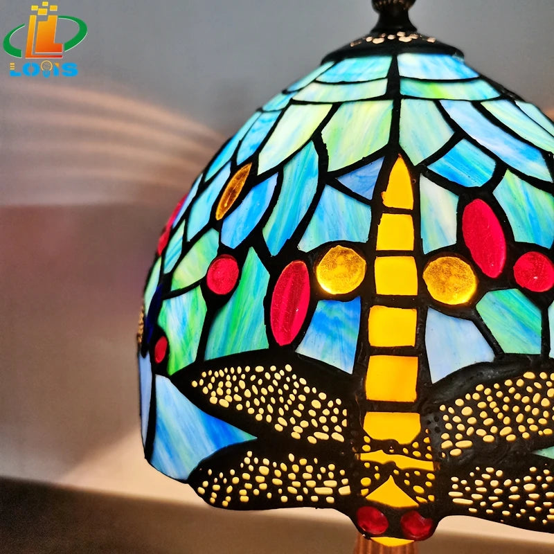 lampe de chevet libellule bleue style européen décoration antique - vue 6 sur 8