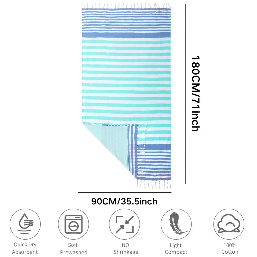 serviette de plage turque coton rayures pompons legere - vue 3 sur 7