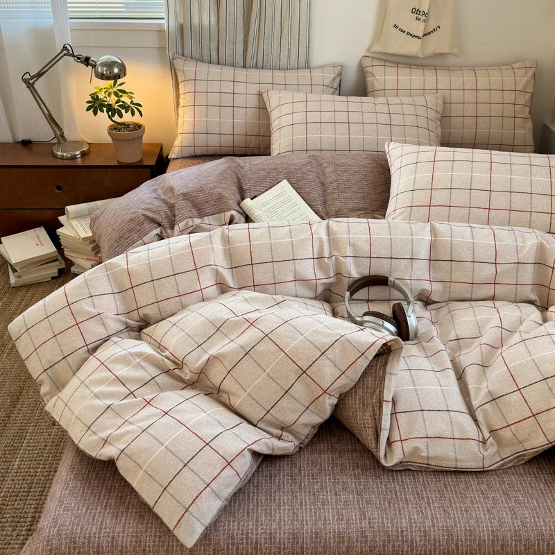 housse de couette en coton à carreaux avec taies d'oreiller douces
