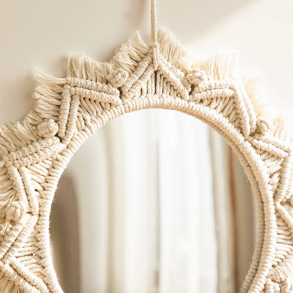 miroir décoratif boho en macramé pour décoration murale artisanale - vue 3 sur 13