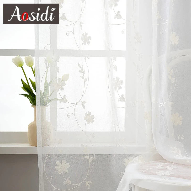 Voilage tulle brodé floral léger pour salon chambre - vue 3 sur 7
