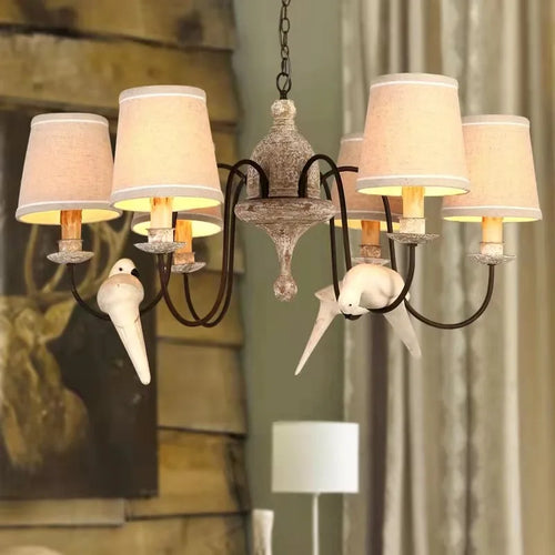 lustre vintage américain en bois avec oiseaux en tissu - vue 4 sur 6