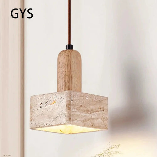 Lampe suspension LED carré en pierre lustre chambre chevet Style crème en bois massif rétro lumière E27 ampoule pour salon maison Bar - vue 2 sur 7