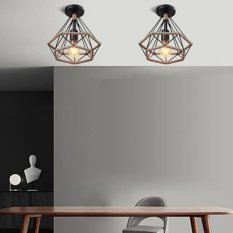 Plafonnier rétro en métal avec Cage en fer et corde de chanvre pour intérieur d'allée