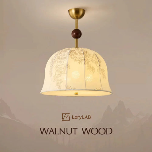 Patterned Fabric Lampshade Walnut Color, French Retro Art Vintage, Ceiling Light for Living Room, Dining Room, Bedroom, Study