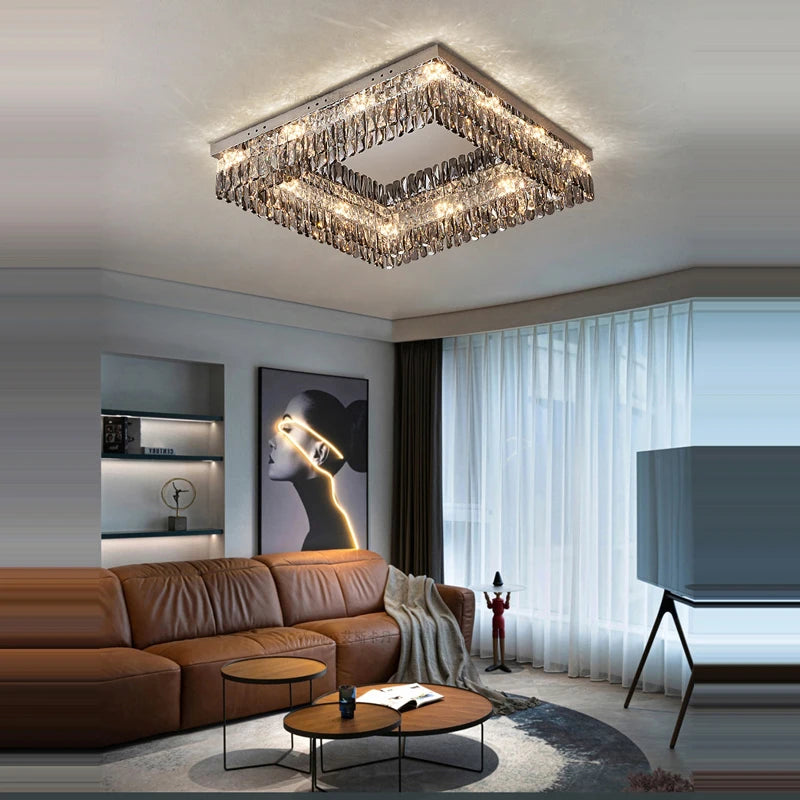 plafonnier led cristal doré chromé intensité variable design moderne - vue 4 sur 18
