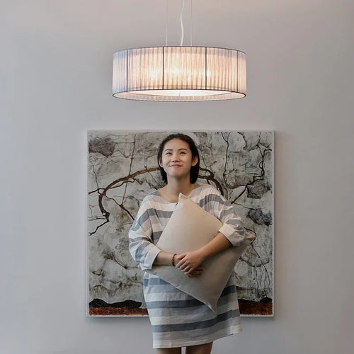 lustre nordique moderne en fer avec abat-jour tissu décoratif - vue 6 sur 6