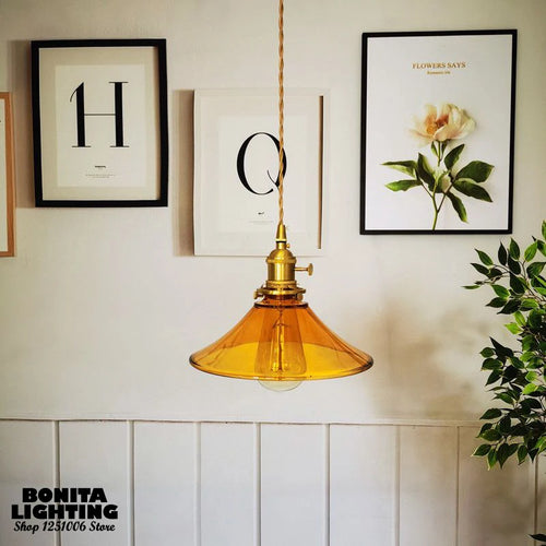suspension vintage en verre avec base en laiton et interrupteur - vue 5 sur 7