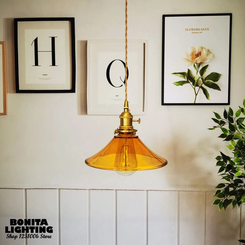 suspension vintage en verre avec base en laiton et interrupteur - vue 5 sur 7