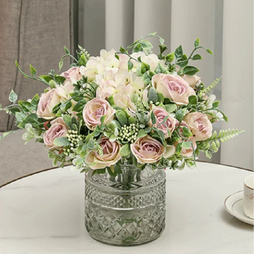 bouquet de fleurs artificielles roses et hortensias décoratifs pour saint-valentin - vue 2 sur 14