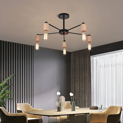 lustre industriel moderne avec tiges multiples en fer et bois - vue 3 sur 16