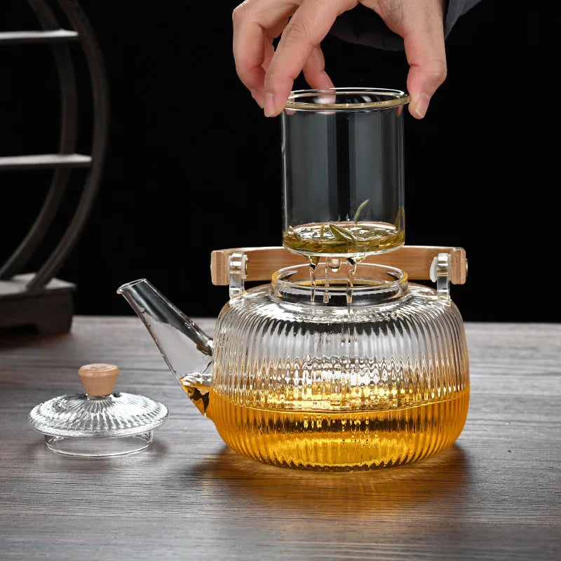 Theiere verre borosilicate filtre integre anse bois design