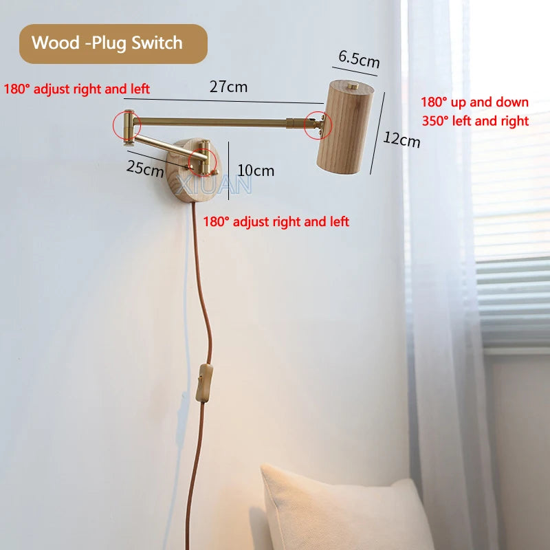 applique murale wabi-sabi à bras long pivotant avec interrupteur