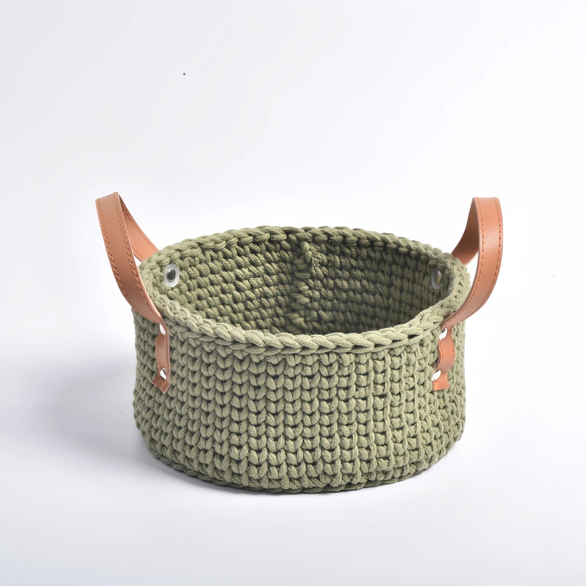 panier de rangement tricoté à la main en coton avec poignée en cuir - vue 13 sur 16
