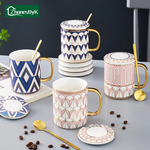 Tasse ceramique style britannique couvercle cuillere bord elegant