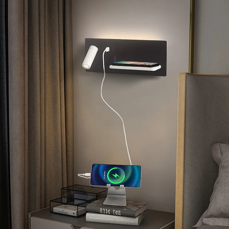 lampe de chevet murale avec chargement sans fil usb type-c et projecteur rotatif - vue 5 sur 14